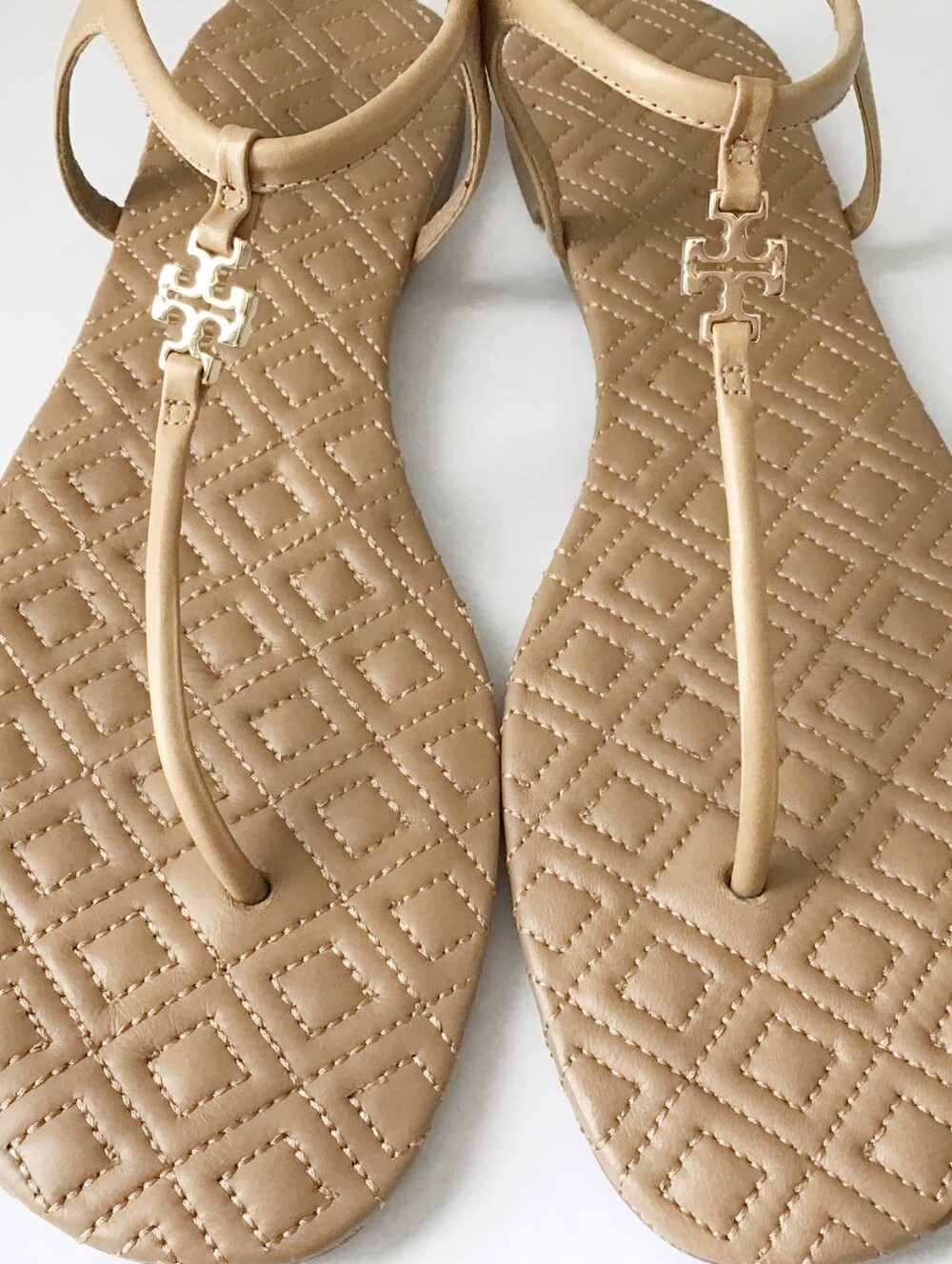 Tory Burch Quilted Tan T-Strap Sandals